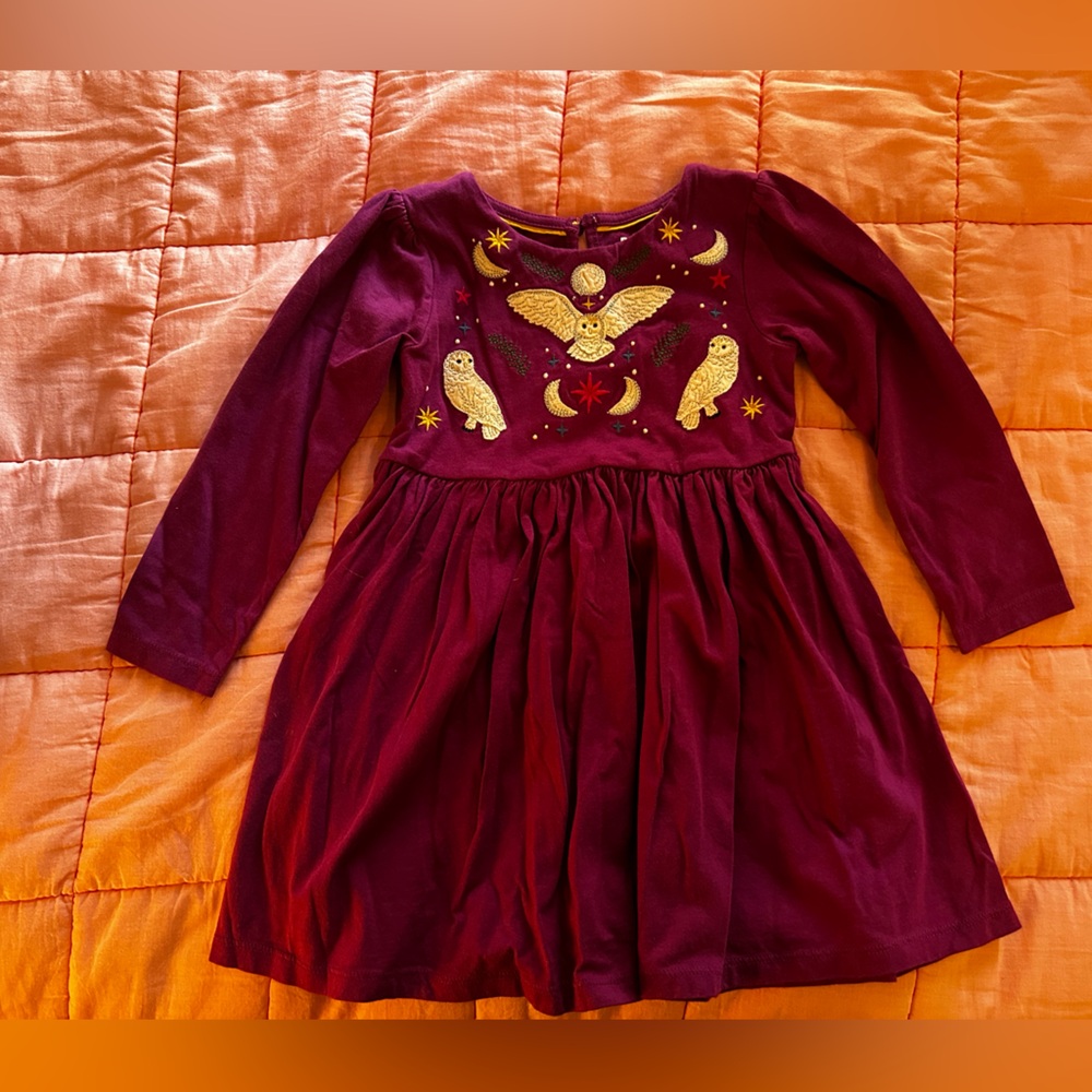 Mini Boden Purple Dress with Gold and Silver Accents and Winter Owls